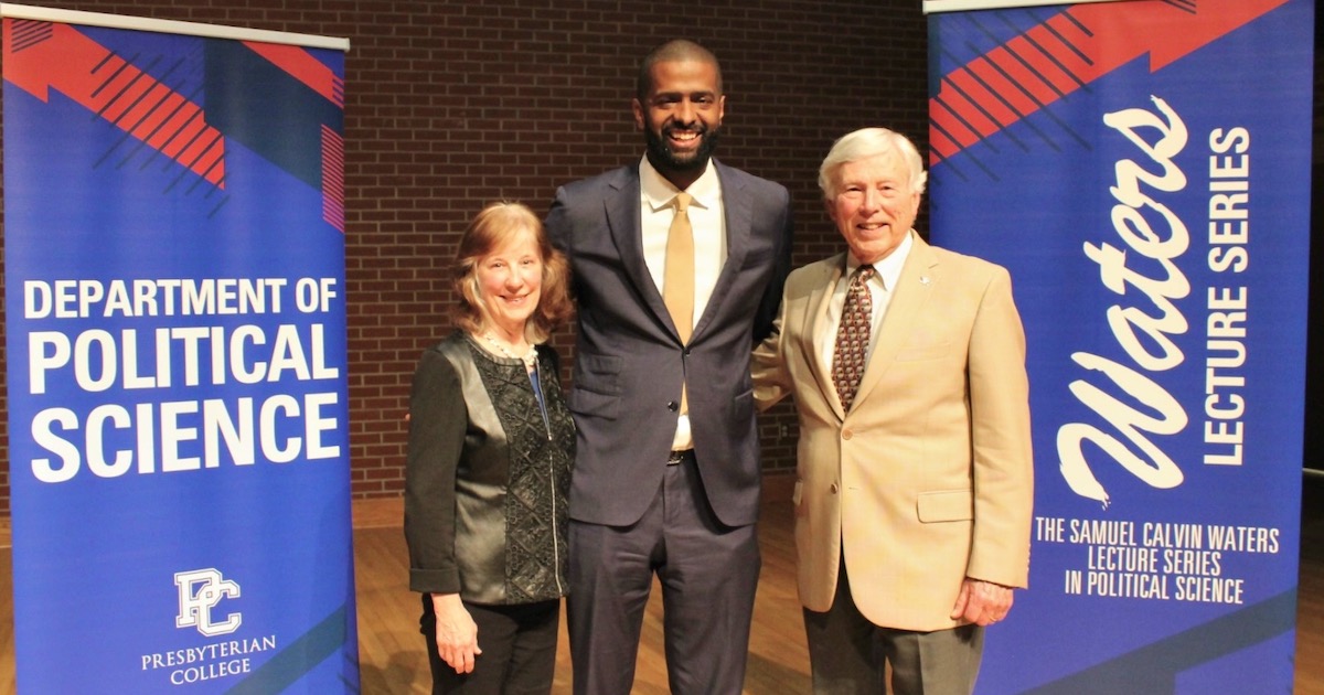 Presbyterian College speaker Bakari Sellers with Sam Waters '66 and his wife, Mary.