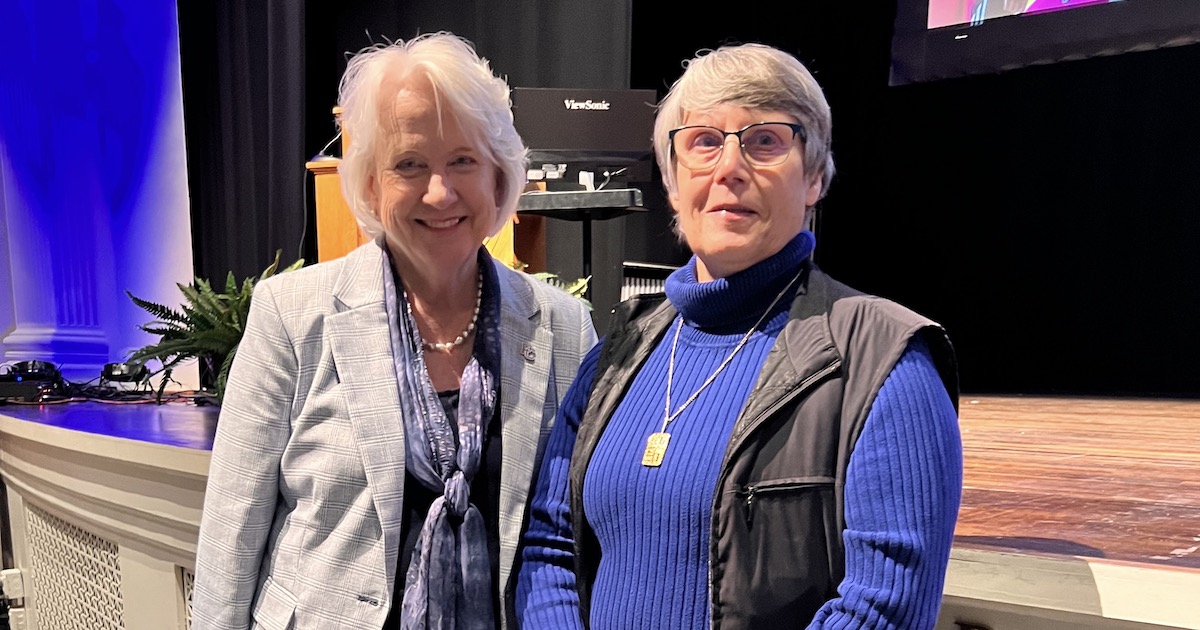 Presbyterian College's first female president, Dr. Anita Gustafson, with the college's first female SGA president, Ginny Nichols Cartee '74.