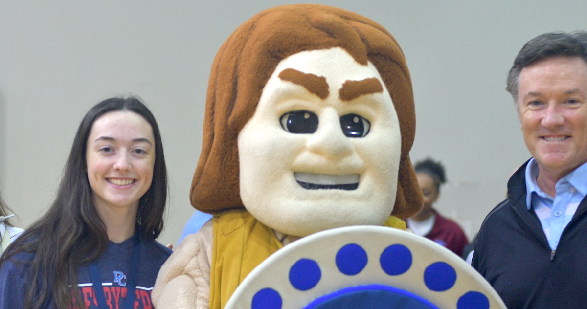 PC mascot Scotty the Scotsman meets students and parents during Accepted Student Day.