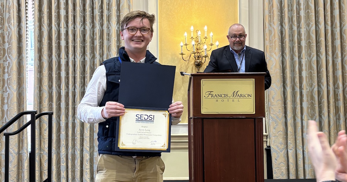 Presbyterian College senior Avery Long recently earned Best Paper and Best Research Presentation in the Data/Analytics category at the Southeast Decision Sciences Institute annual conference in Charleston.