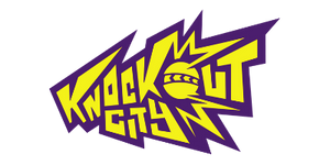 Knock Out City logo in violet and yellow colors