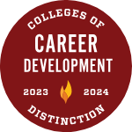 Badge that signifies Presbyterian College is recognized as a college of distinction in Career Development for the 2023-24 year.