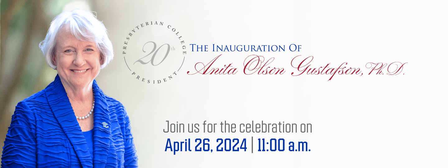 President Gustafson pictured on left with text: The Inauguration of 20th president Anita Olson Gustafson, Ph.D. | Join us for the celebration on April 26, 2024 at 11:00 a.m.