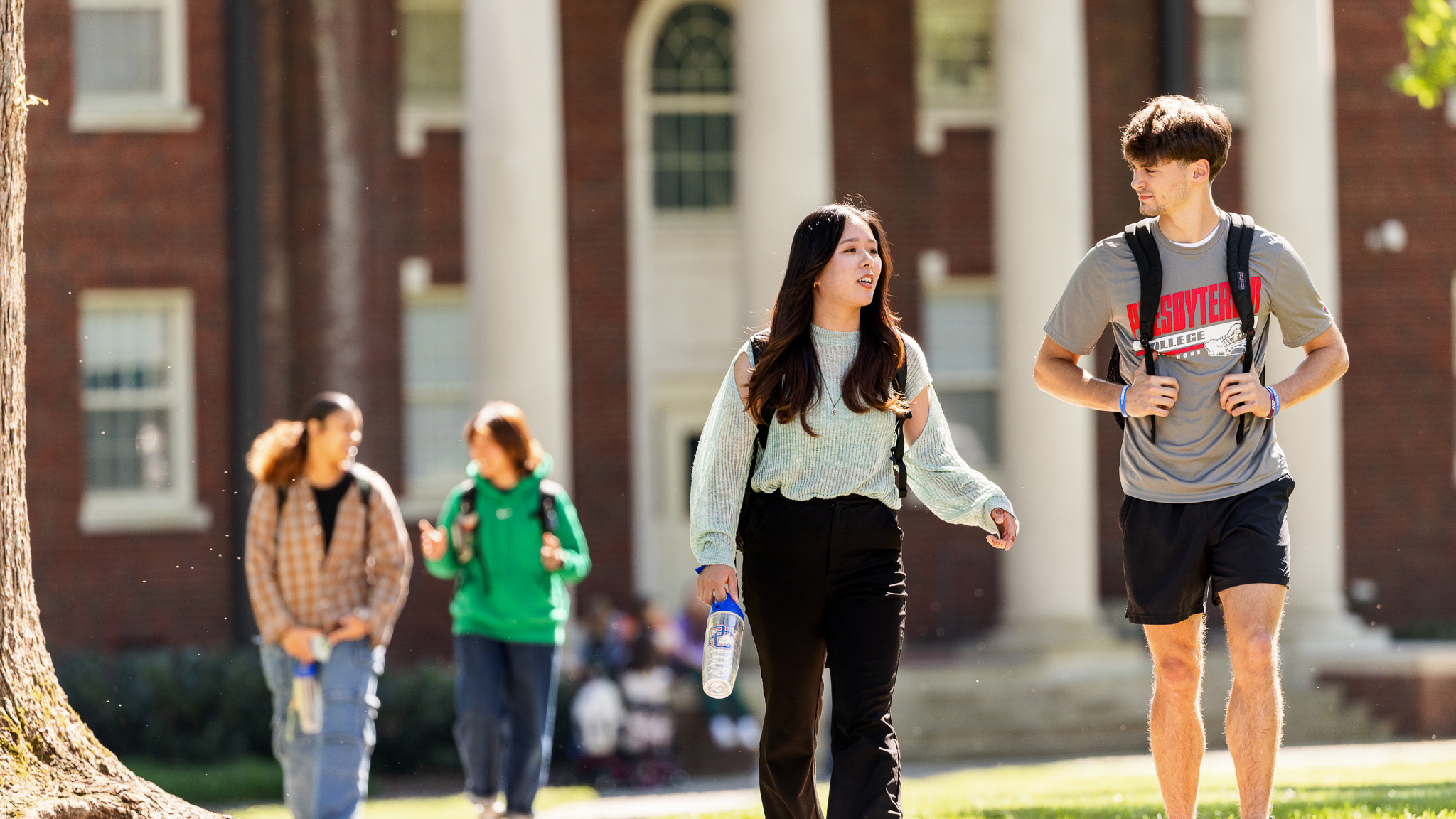 Presbyterian College students walking through campus.