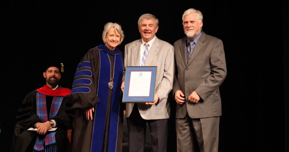 Danny Cook '79, the 2024 recipient of the Martha Anne Green Service to College and Church Award, with PC president Dr. Anita Gustafson and the Rev. Dr. Duke Dixon, interim pastor of First Presbyterian Church of Clinton.