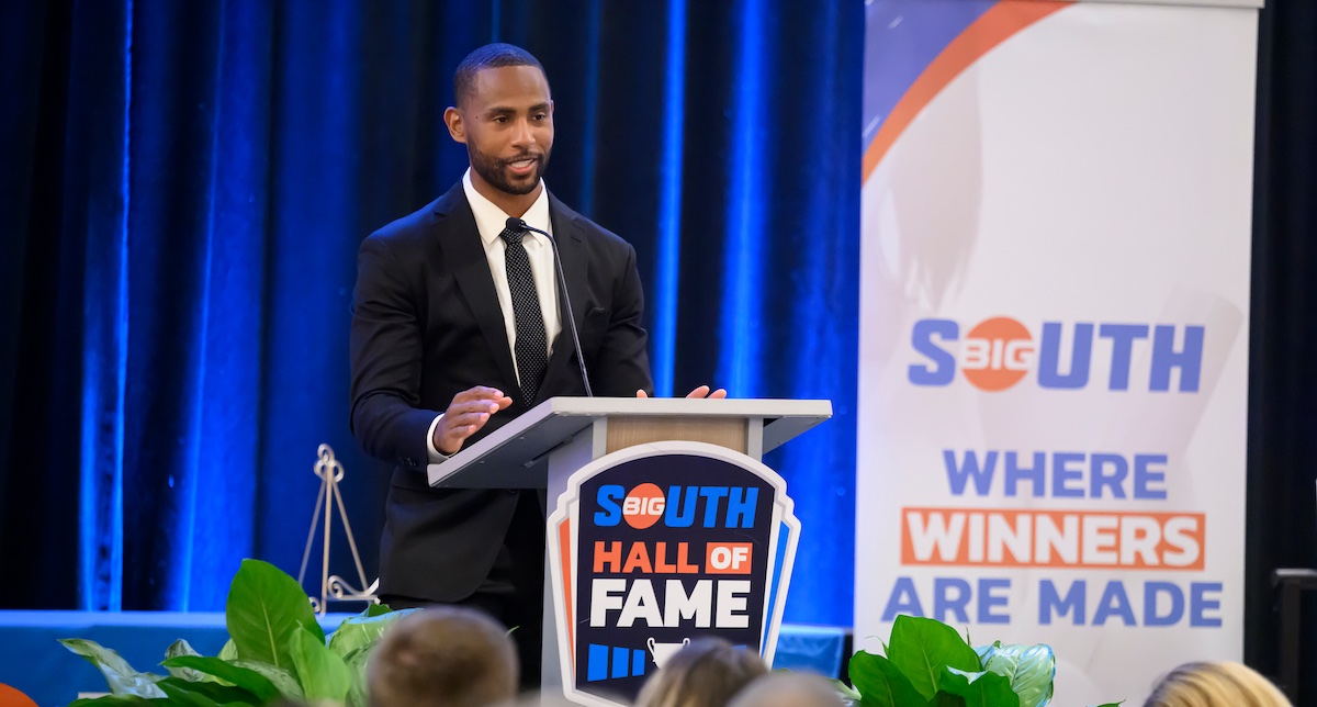 Blue Hose great Justin Bethel '12 gives his induction speech during Big South Hall of Fame ceremony.