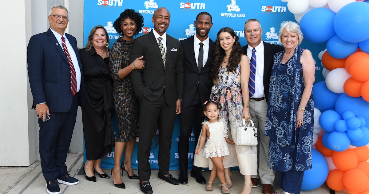 Justin Bethel '12 is surrounded by family and friends during the Presbyterian College alumnus' Big South Hall of Fame ceremony.