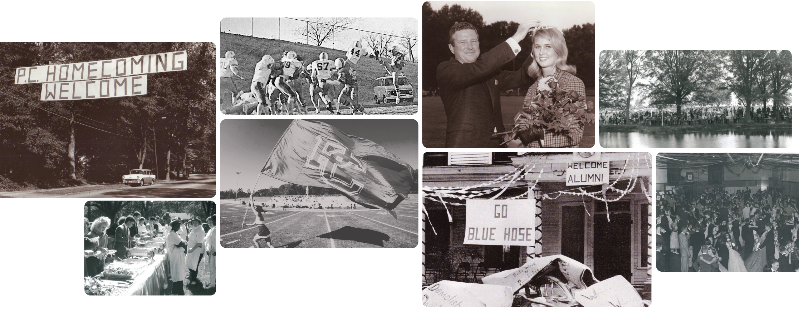 Collage of old Homecoming photos at Presbyterian College.