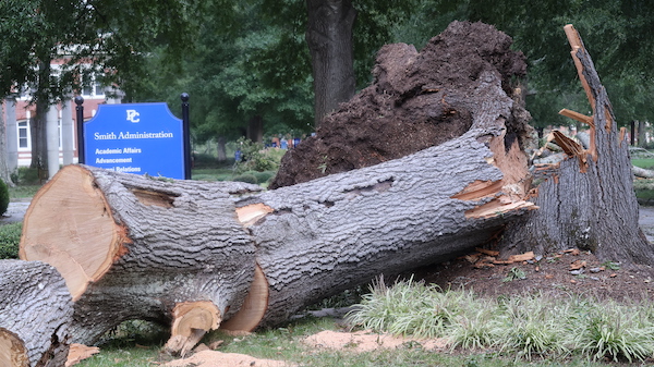 A view in front of Smith Administration Building at Presbyterian College one day after Hurricane Helene hit campus in 2024.