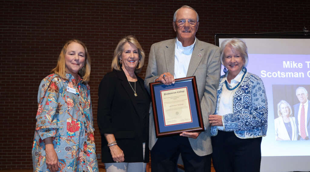 Mike Turner Scotsman Club Award winners Steve '73 and Libby Crowe with Scotsman Club president Amy Revis '85, and PC president Dr. Anita Gustafson.