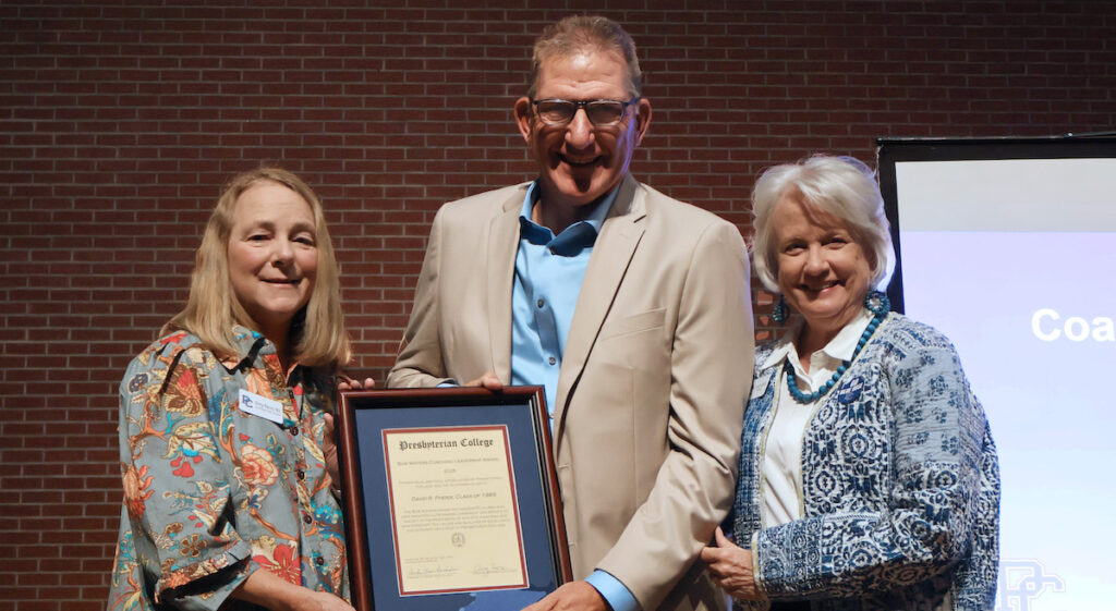 Bob Waters Award winner David Phenix '85 with Amy Revis '85, and PC president Dr. Anita Gustafson.
