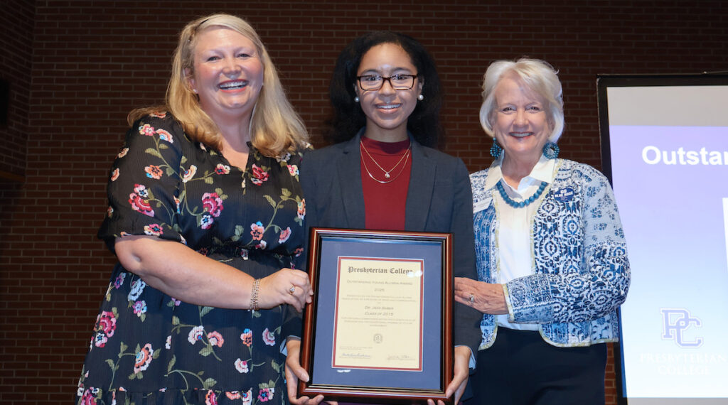 Outstanding Young Alumna Dr. Jada Suber '15 with Jessica Jetton '99, and PC president Dr. Anita Gustafson.