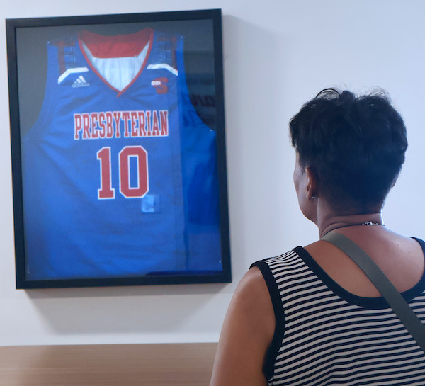The retired jersey of the late Dooley Miller '75 is on display at the Marion "Dooley" Miller '75 Expansive Excellence Center in Reynolds Hall at Presbyterian College.
