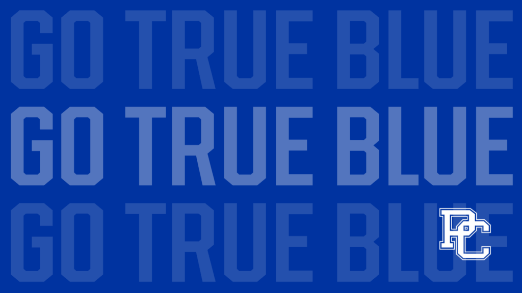 Laptop Wallpaper graphic - repeating text on a blue background saying "Go True Blue"