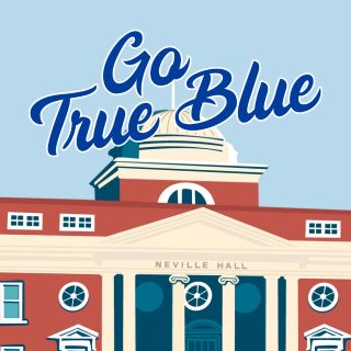 Profile Photo graphic - illustration of a building on campus, Neville, with text across the top saying "Go True Blue"