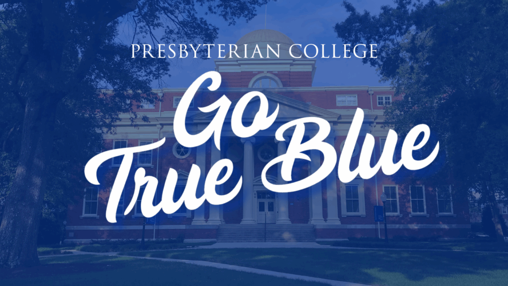 Laptop Wallpaper graphic - photo of a building on campus, Neville, with a blue overlay, and with text saying "Presbyterian College" and "Go True Blue"