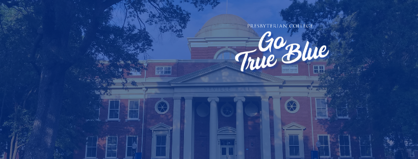Facebook Banner graphic - photo of a building on campus, Neville, with a blue overlay, and with text saying "Presbyterian College" and "Go True Blue"