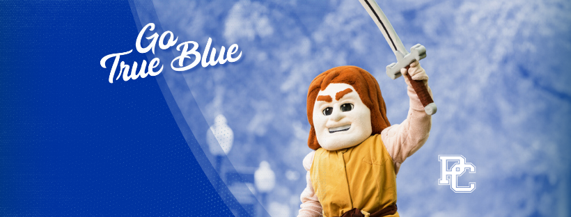 Facebook Banner graphic - PC's mascot, Scotty holding up a sword and our motto, Go True Blue, and our PC logo
