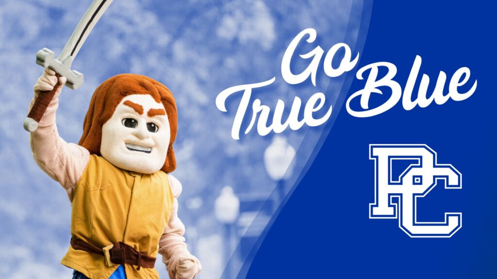 Laptop Wallpaper graphic - PC's mascot, Scotty holding up a sword and our motto, Go True Blue, and our PC logo