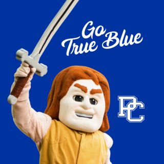 Profile Photo graphic - PC's mascot, Scotty, holding a sword and text saying "Go True Blue" and PC's logo in the bottom right corner. All on top of a blue background.