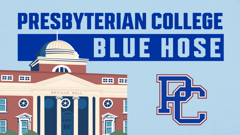 Laptop Wallpaper graphic - illustration of a campus building, Neville, along with text saying "Presbyterian College Blue Hose"