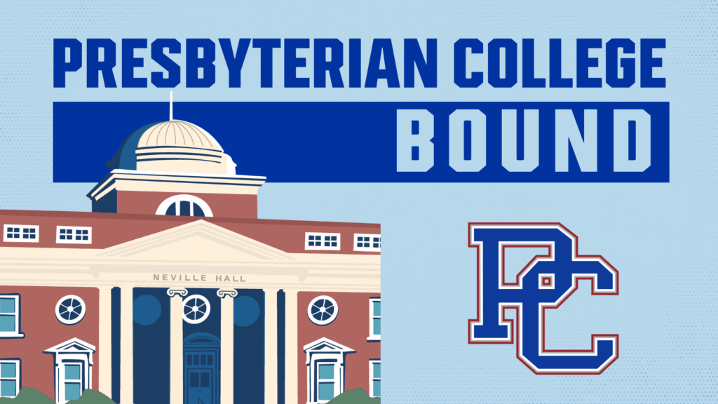 Laptop Wallpaper graphic - illustration of a campus building, Neville, along with text saying "Presbyterian College Bound"