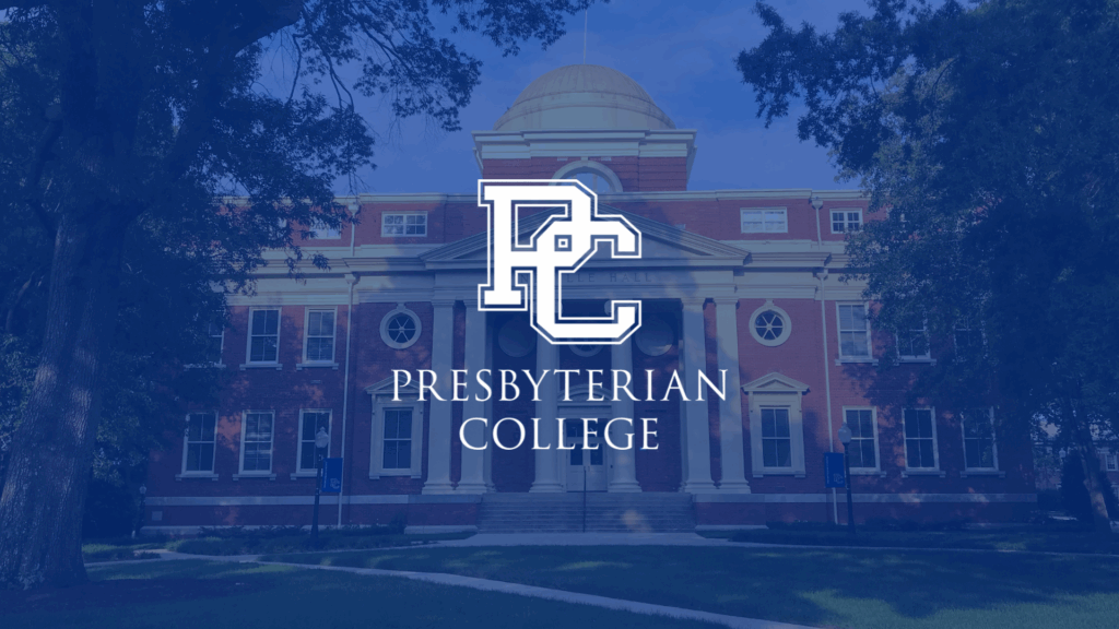 Laptop Wallpaper graphic - photo of a building on campus, Neville, with a blue overlay, and the PC logo in the middle