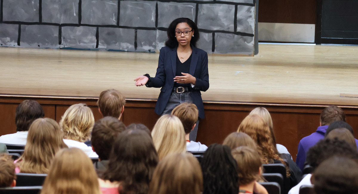 Dr. Jada Suber, a 2015 graduate of Presbyterian College, speaks to students at Clinton High School, her high school alma mater during a visit to her hometown in October.