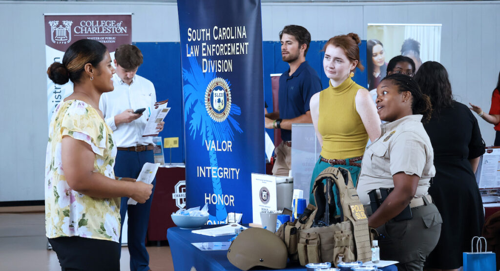 A Presbyterian College student meets with representatives from the South Carolina Law Enforcement Division at PC's annual Career and Graduate School Program.
