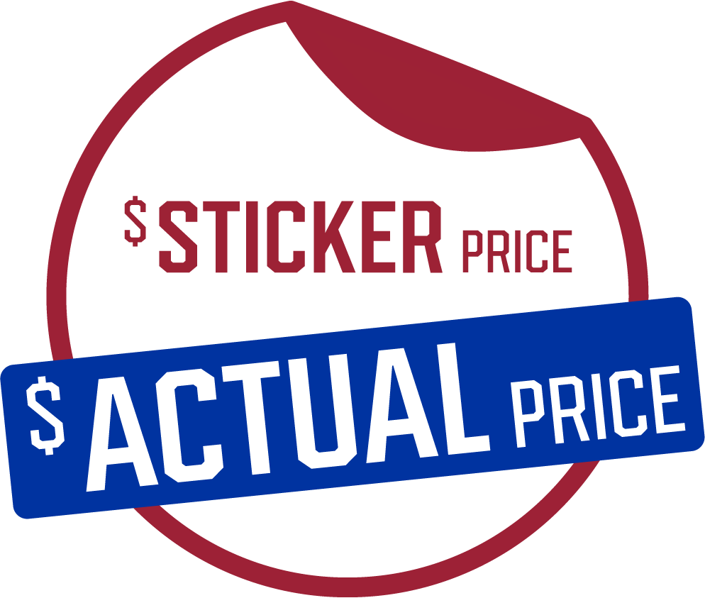 Graphic of a sticker saying "Sticker Price versus Actual Price"