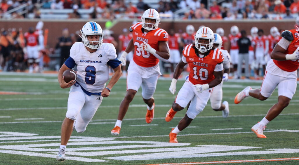 Blue Hose quarterback Collin Hurst in action against Mercer in the first game of the 2025 season.
