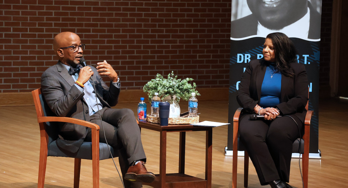 Darrin Goss Sr., CEO and president of the Coastal Community Foundation, at a Q&A with Dr. Selena Blair, PC's Rogers-Ingram Vice President for Justice and Community Wellbeing