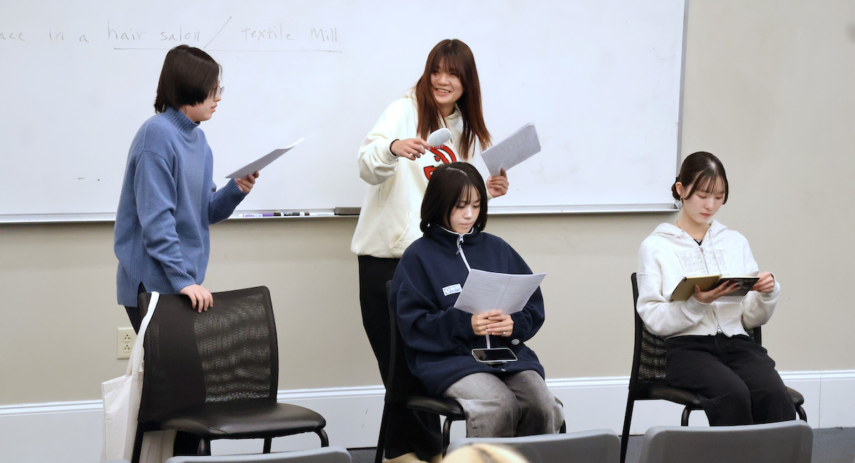 First year college students fro Japan re-enact a scene from Steel Magnolias to practice their English-speaking skills at Presbyterian College's Winter Intensive English Program.