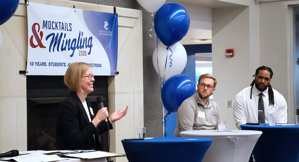 Panelists speak at the 2026 Mocktails & Mingling event at Presybterian College.