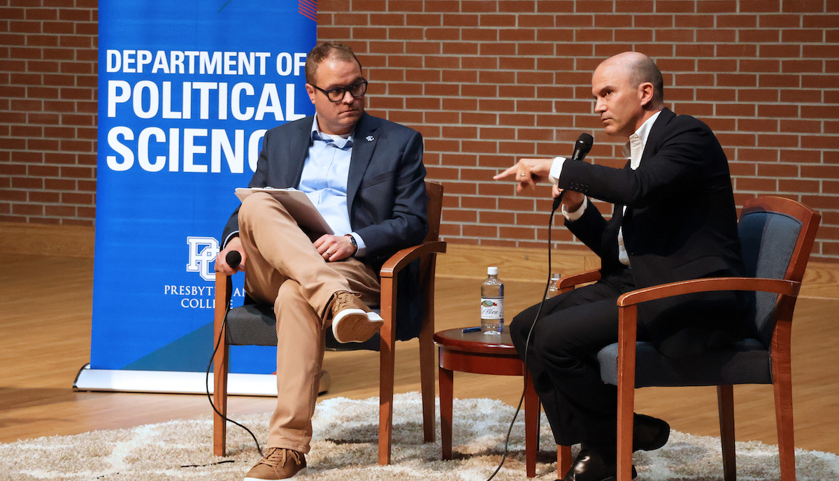 Former deputy national security advisor to Barack Obama Ben Rhodes discusses current events with PC political science professor Dr. Justin Lance at the 2026 Samuel C. Waters Lecture in Political Science.