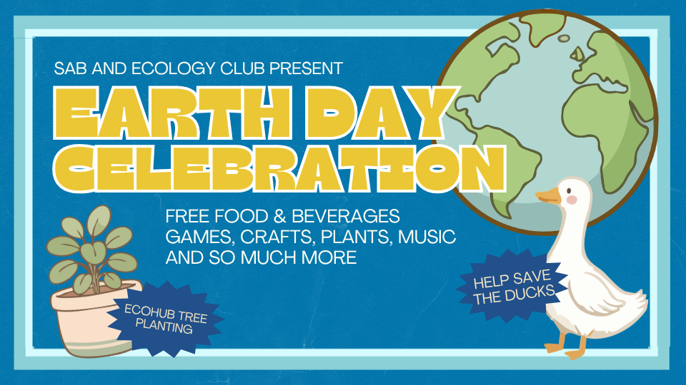 Earth Day Celebration Graphic featuring images of Earth, a duck, and a plant.