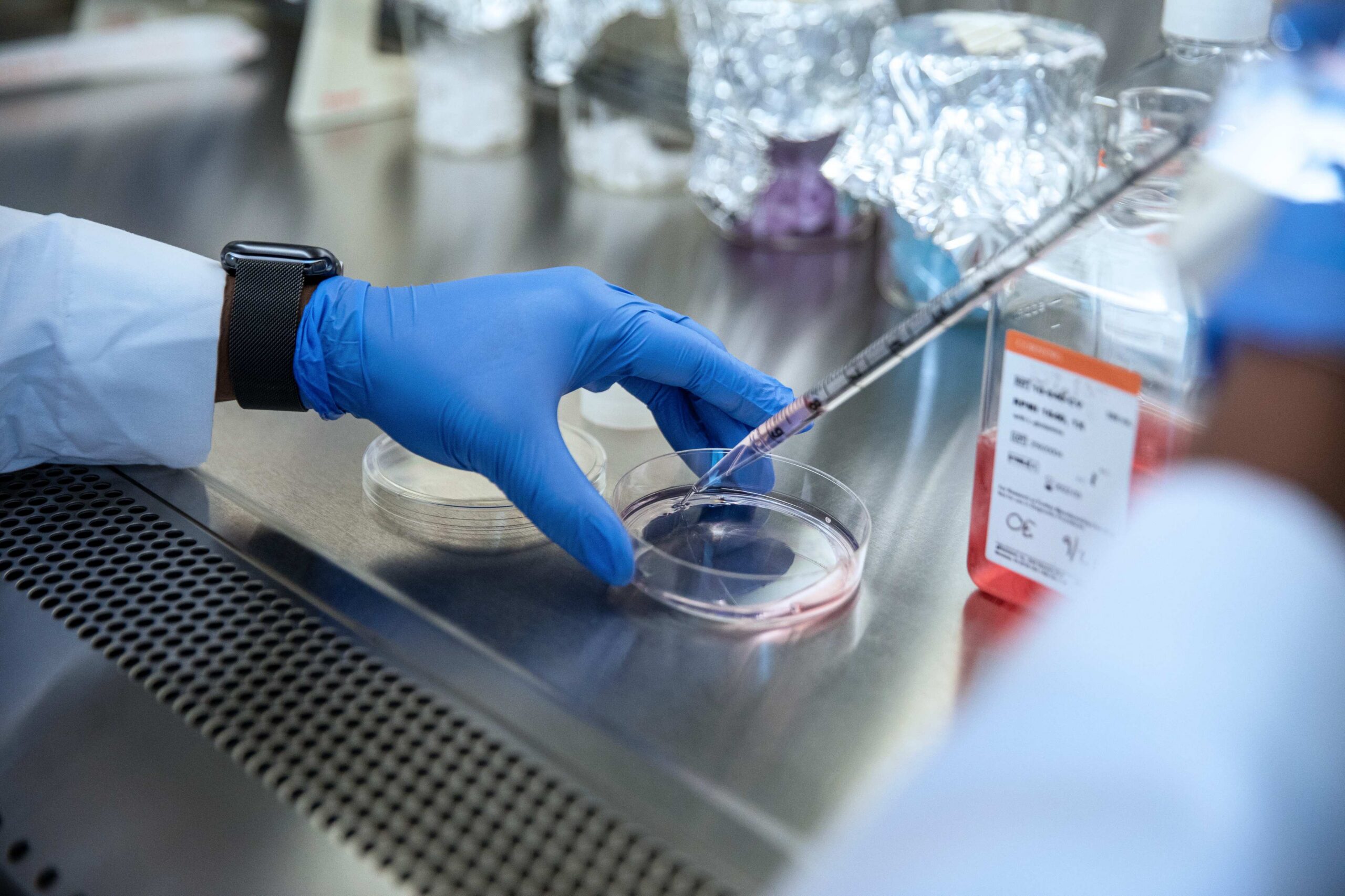 Photograph of a pharmacy student dripping a formula into a petri dish.
