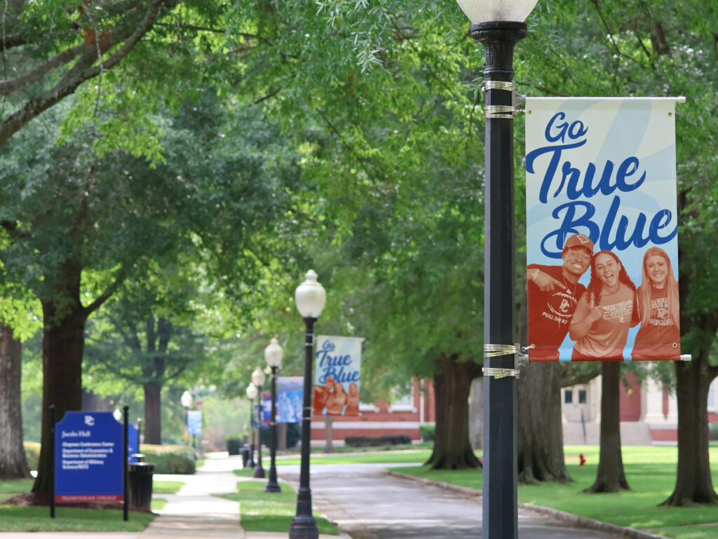 Go True Blue sign on PC's campus. 
