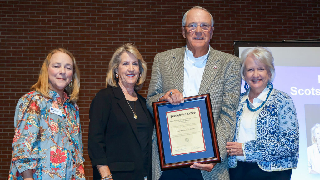 Mike Turner Scotsman Club Award winners Steve '73 and Libby Crowe with Scotsman Club president Amy Revis '85, and PC president Dr. Anita Gustafson.