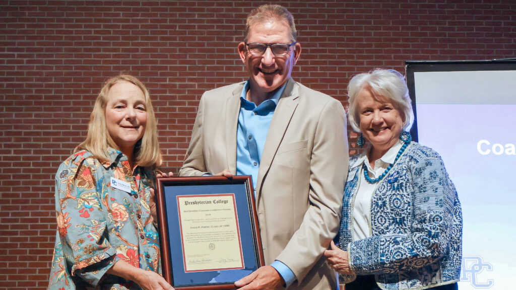 Bob Waters Award winner David Phenix '85 with Amy Revis '85, and PC president Dr. Anita Gustafson.