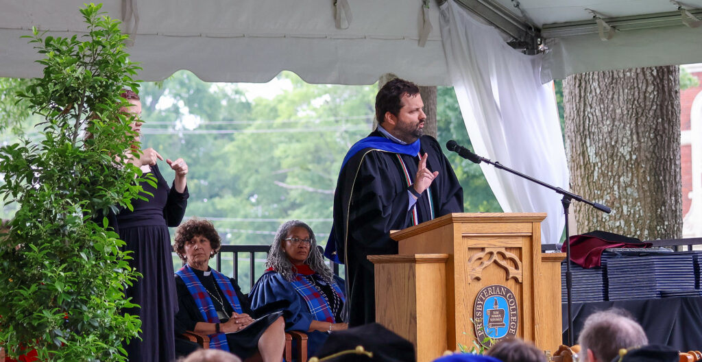 Presbyterian College's Professor of the Year, biology professor Dr. Austin Shull, espouses the power of the liberal arts at the school's 143rd commencement.