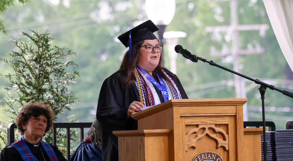 Hallie Cohen, Presbyterian College's Outstanding Senior, addresses classmates during the 143rd commencement, a celebration of the liberal arts.