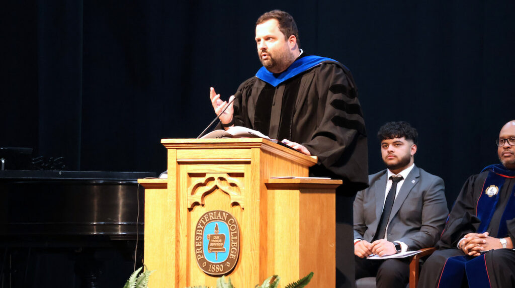 PC Professor of the Year Dr. Austin Shull '11 gives his acceptance speech at the 20226 Honors Day Convocation.