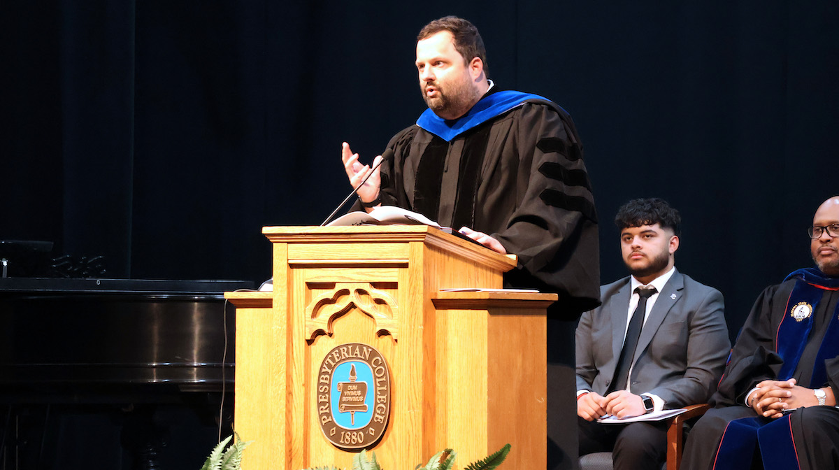PC Professor of the Year Dr. Austin Shull '11 gives his acceptance speech at the 20226 Honors Day Convocation.