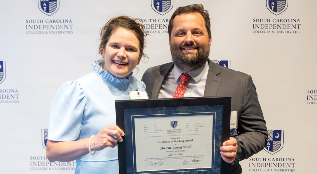 PC biology professor Dr. Austin Shull '11 with his wife, PC controller Libby Shull, at the South Carolina Independent Colleges and Universities ceremony celebrating excellence in teaching.