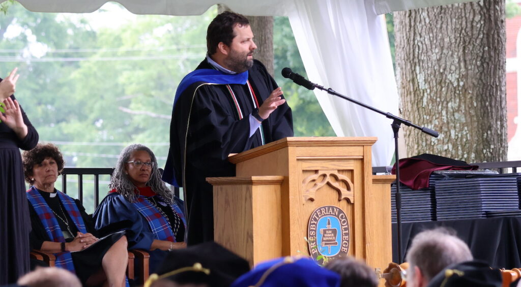 Presbyterian College's Professor of the Year, biology professor Dr. Austin Shull, espouses the power of the liberal arts at the school's 143rd commencement.