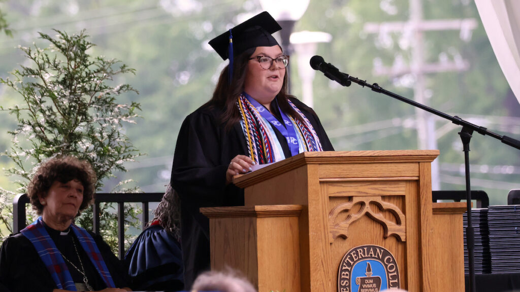 Hallie Cohen, Presbyterian College's Outstanding Senior, addresses classmates during the 143rd commencement, a celebration of the liberal arts.
