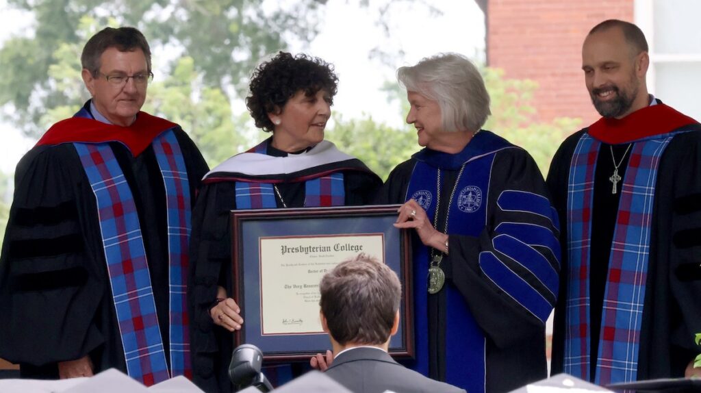 The Very Rev. Sally Foster-Fulton, former moderator of the Church of Scotland, receives her honorary Doctor of Divinity degree from her alma mater and liberal arts school, Presbyterian College.