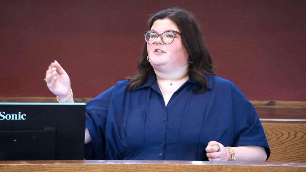 Presbyterian College senior Hallie Cohen '26, presenting her honors research in psychology on Honors Day in April.