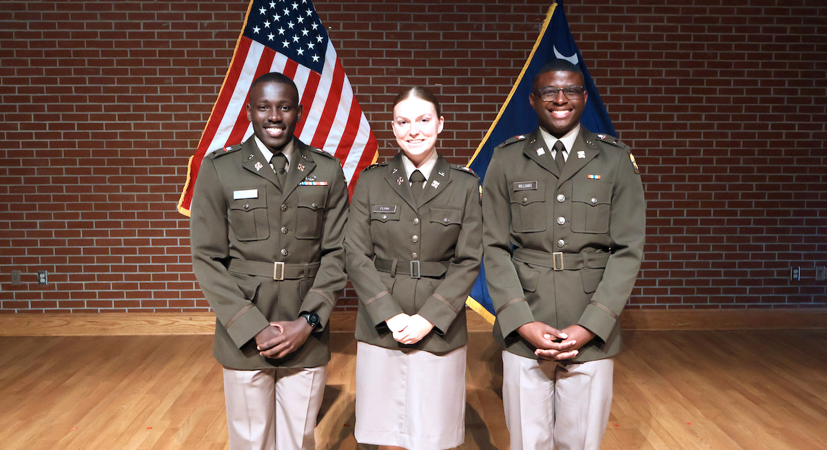 Newly-commissioner second lieutenants in the U.S. Army from Presbyterian College: 2nd Lt. Nizeyimana Aristide, 2nd. Lt. Ashley Flynn, and 2nd Lt. Joshua Williams.